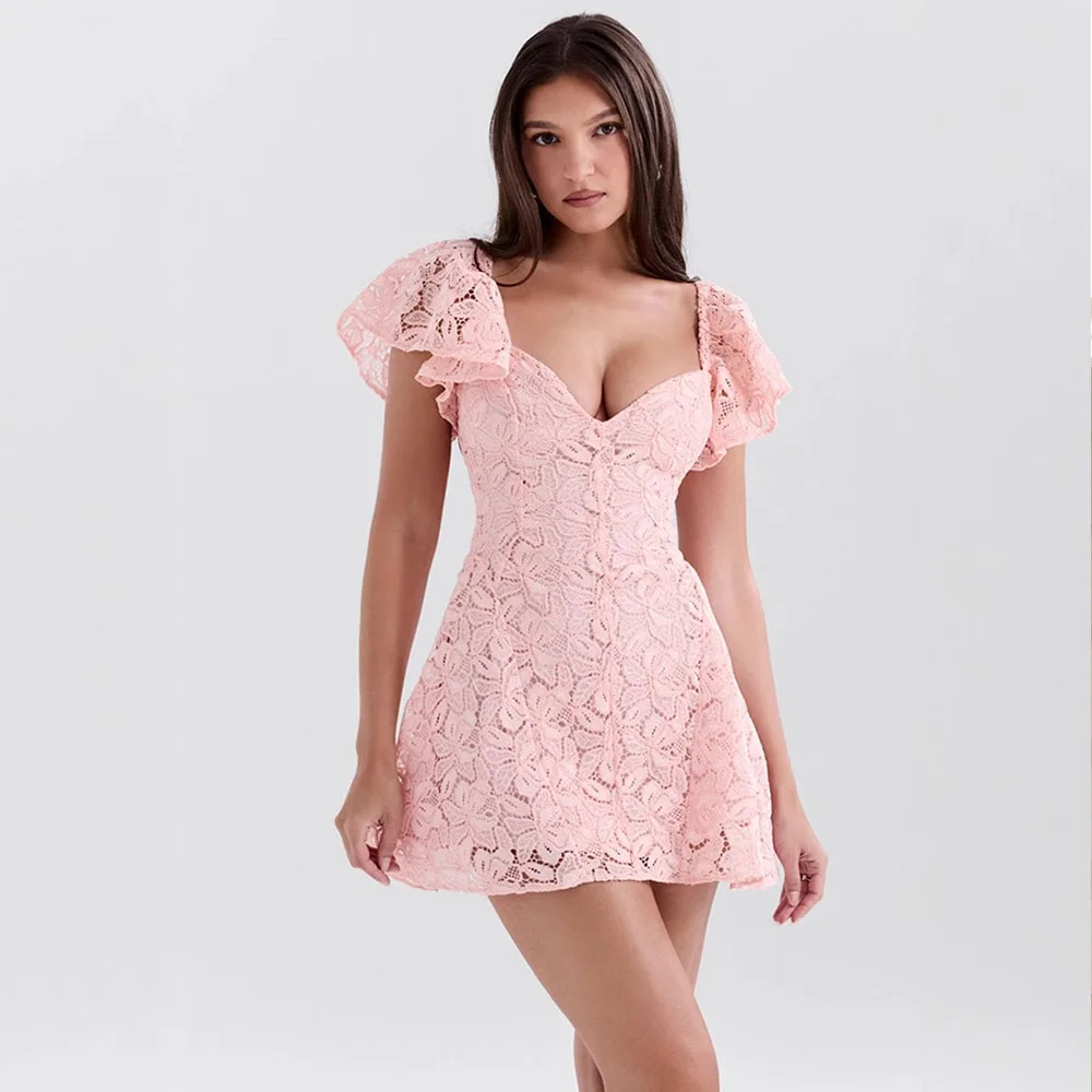 新しいピンクの花柄レース恋人ネックミニドレス女性の誕生日パーティー甘い成人式カクテルプロムイブニングドレス