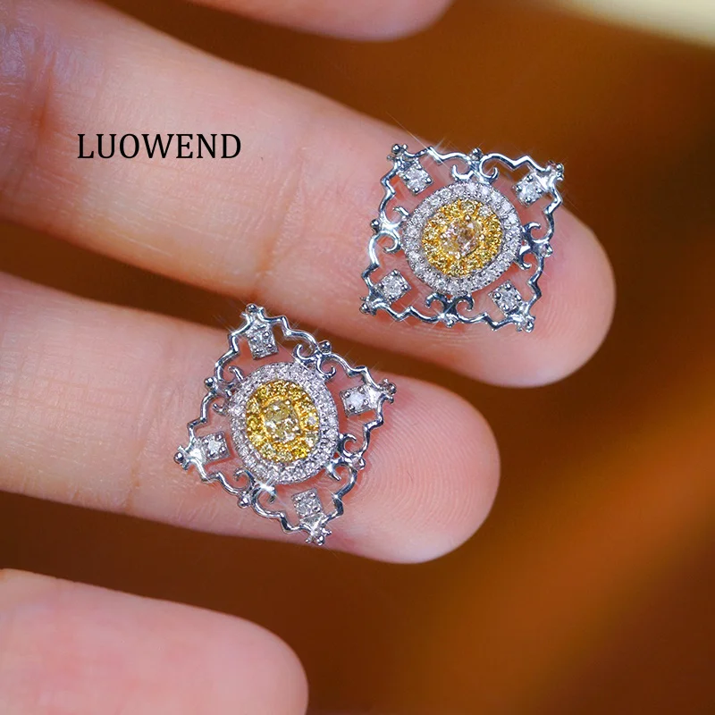 LUOWEND 100% 18K White Gold Earrings Vintage Palace Style Real Natural Yellow Diamond Stud Earrings for Women High Party Jewelry