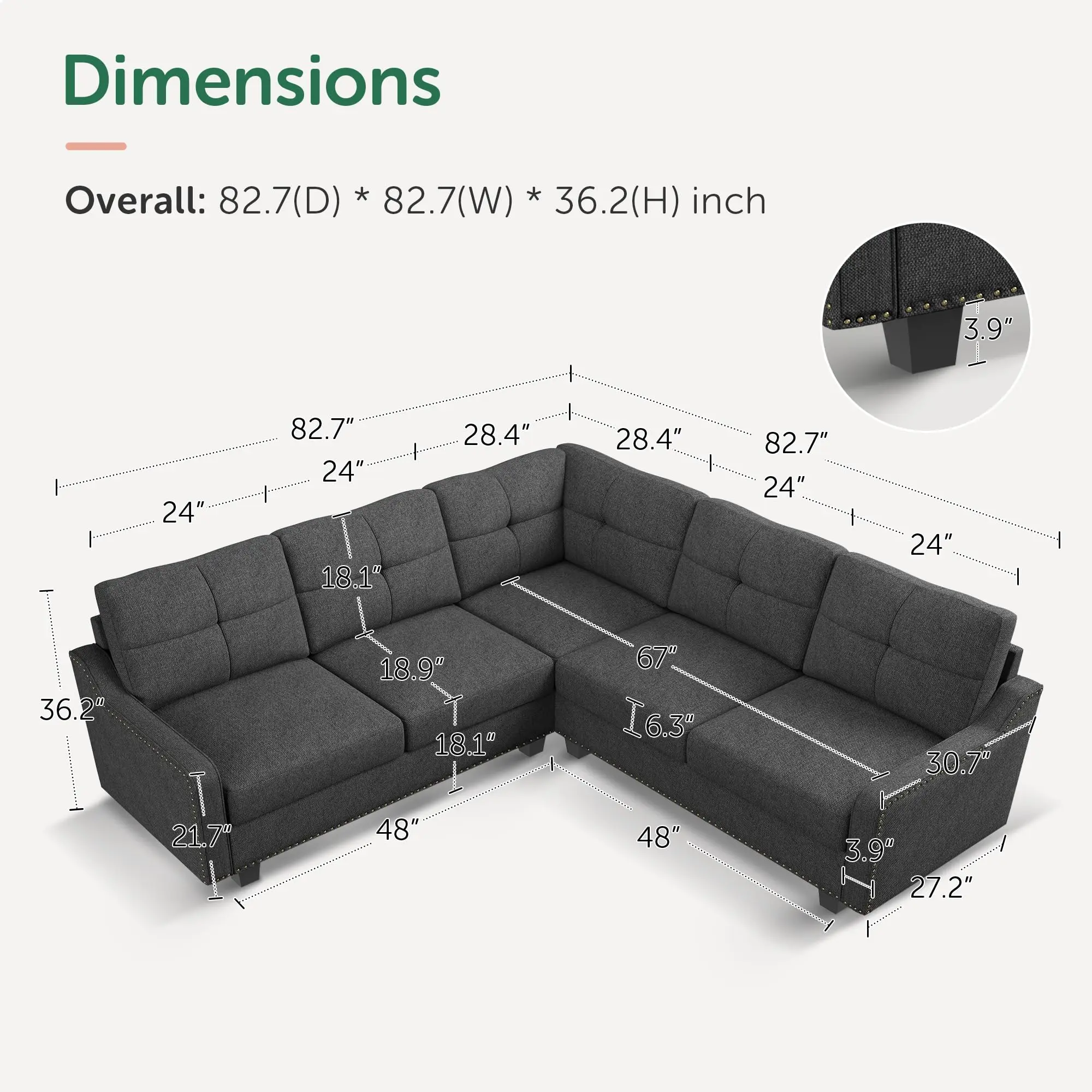 Convertible Sectional Sofa L Shaped Couch for Small Apartment Reversible Sectional Couches for Living Room Dark Grey