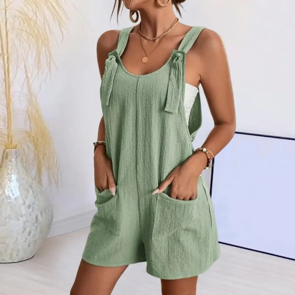 Summer Short Overalls for Women Solid Color Sleeveless Tie Knot Strap Rompers Wide Leg Pocket Short Pant Casual Women's Clothes