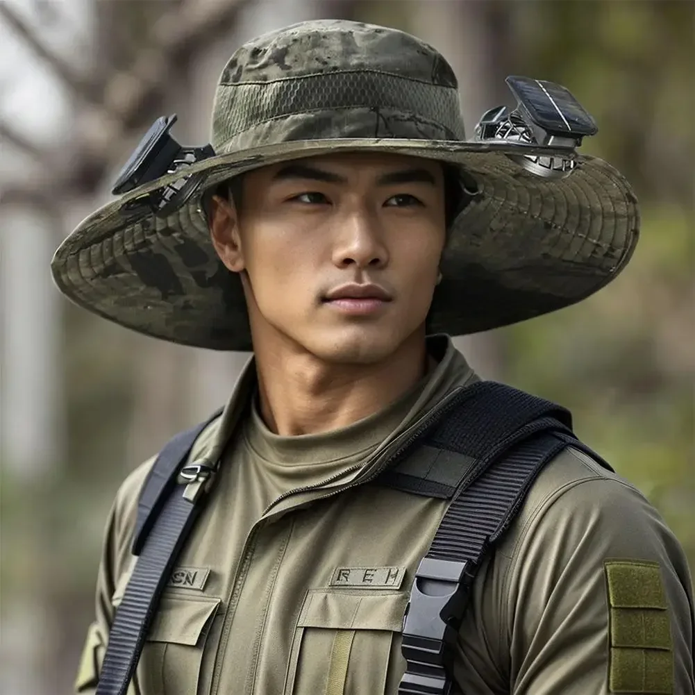 

Men Summer Hunting Sun Hat, Solar Powered Cooling Fan Cap, Rechargeable Battery, UV Protection Breathable Wide Brim Outdoor Hat