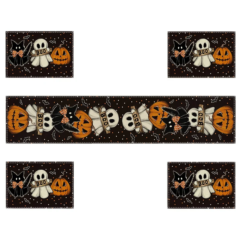 Halloween Table Runner and Placemats Ghost Black Cat Pumpkin Boo Print Table Decor for Holiday Dinner Party Kitchen Dining Table