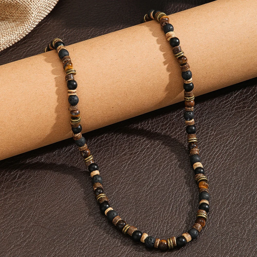Hip-Hop-Tiger-Augen-Stein-Kokosnuss-Holzperlen-Choker Retro-Herrenkettenhalskette Modischer Damenschmuck Trendige Accessoires – Detail 4