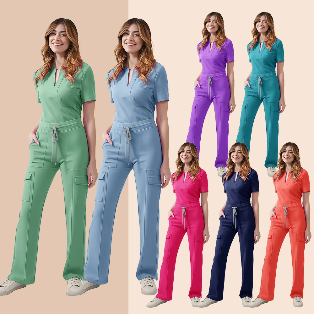 Medical Scrubs Uniform Women Nurse Scrub Set Pocket Top+Pants 2 Piece Suit Nursing Operating Room Clothes Beauty Salon Work Wear