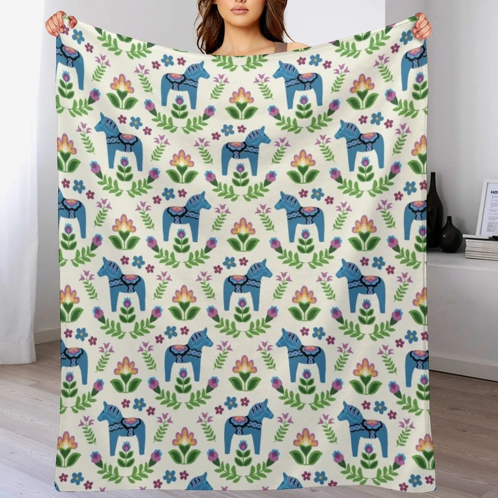 

Swedish Dala Horses Blue Throw Blanket Vintage Furry Blankets