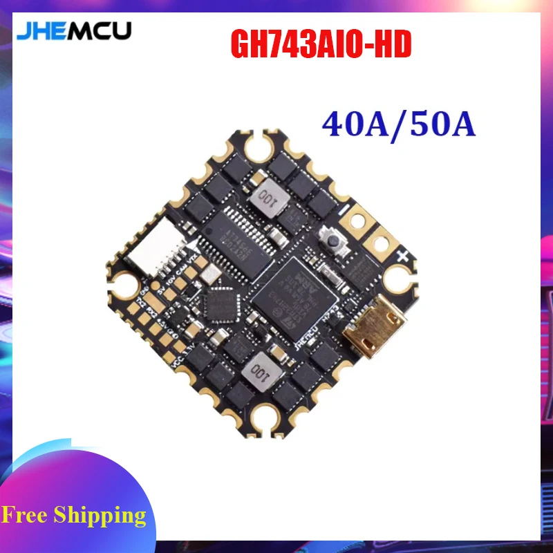 JHEMCU GH743AIO-HD Flight Controller ICM-42688-Px2 5V/2.5A BEC Baro OSD 128MB AM32 40A 3-6S 4in1 Brushless ESC for RC FPV Drone