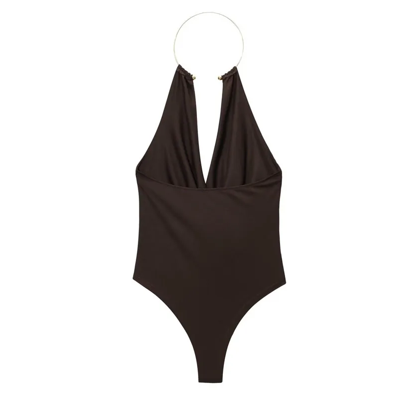 Babados halter bodysuit feminino uma peça verão fora do ombro sem mangas sexy bodysuit branco marrom tanga feminino curto macacão