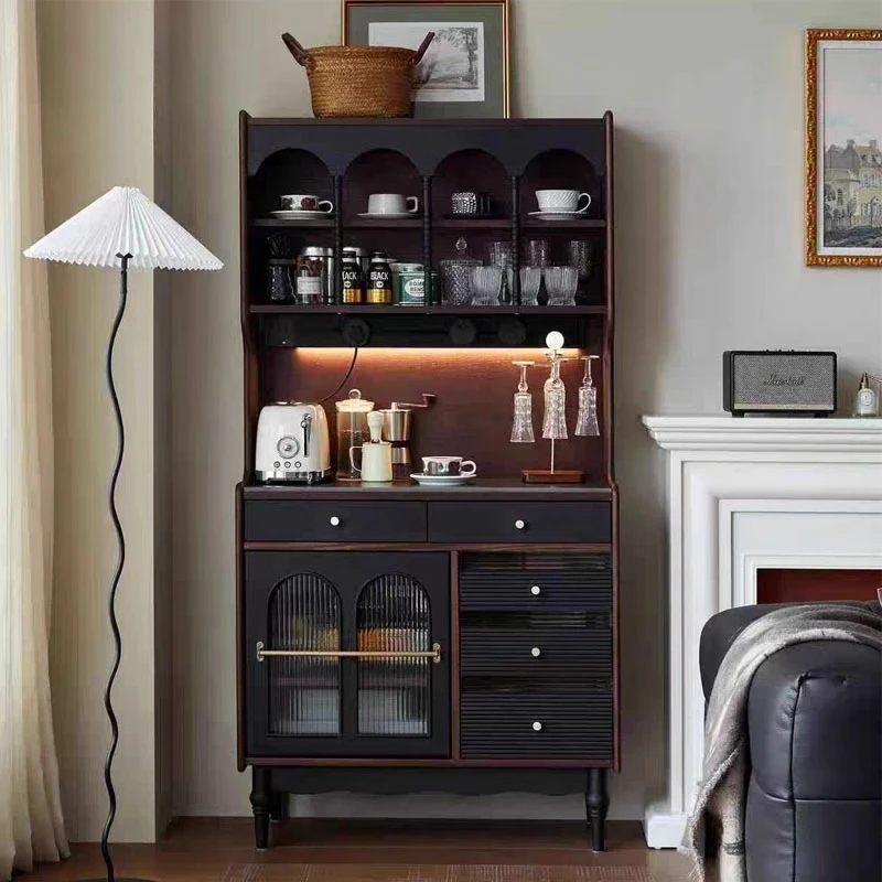 

French retro solid wood dining side cabinet integrated high cabinet cabinet against the wall American medieval black