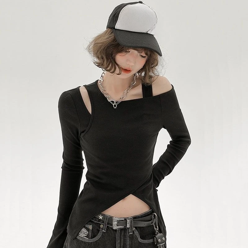 Autumn Winter Pure Sensual Style Short Long-sleeved T-shirt Women Featuring  Slimming Form-fitting Design Unique Two-piece Top