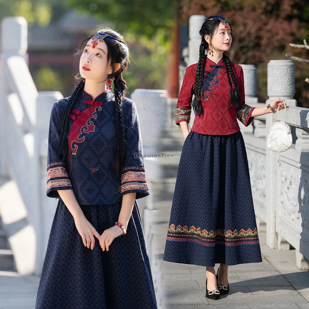 

2024 spring new chinese national style retro half sleeve stand collar women cheongsam blouse loose skirt two-piece suit t001