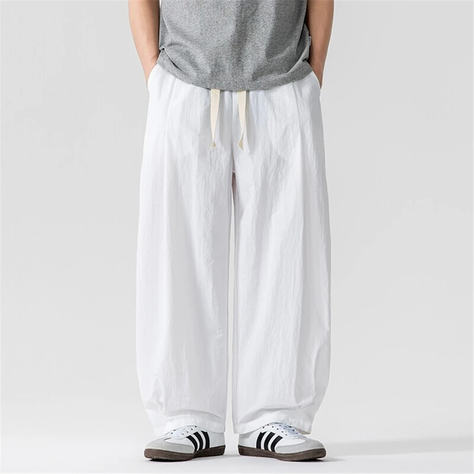 Large Size Thin Pink Pants Mens Summer Vintage Wide-leg Trousers Men Harajuku Japan Style Elastic Waist Baggy Casual Pant Male