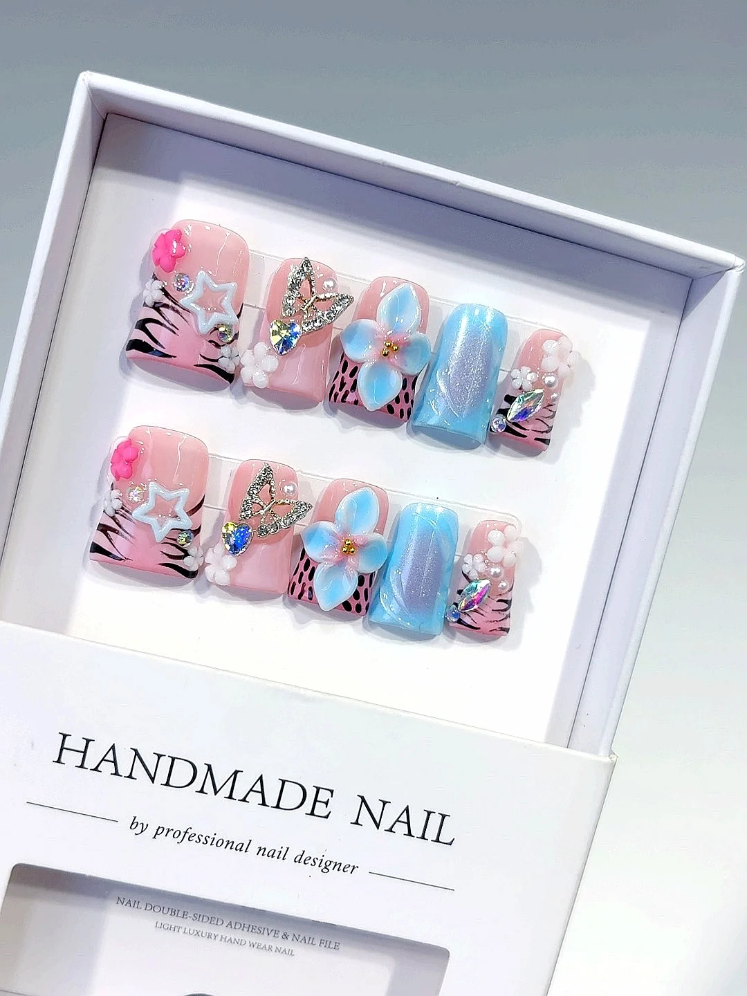 

Pink Blue Floral Star Butterfly Rhinestone Press on Nails（L213）