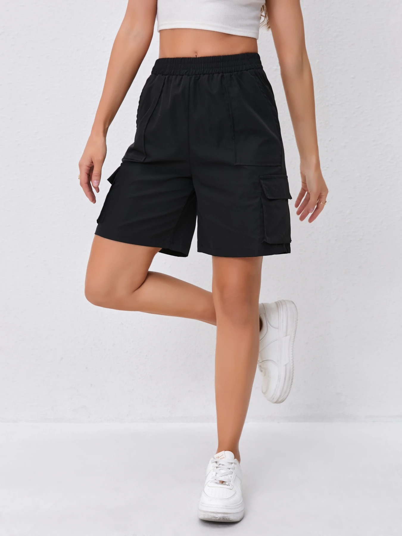 Pantaloncini cargo corti a vita alta Y2K da donna con tasche laterali per sport casual all'aria aperta.