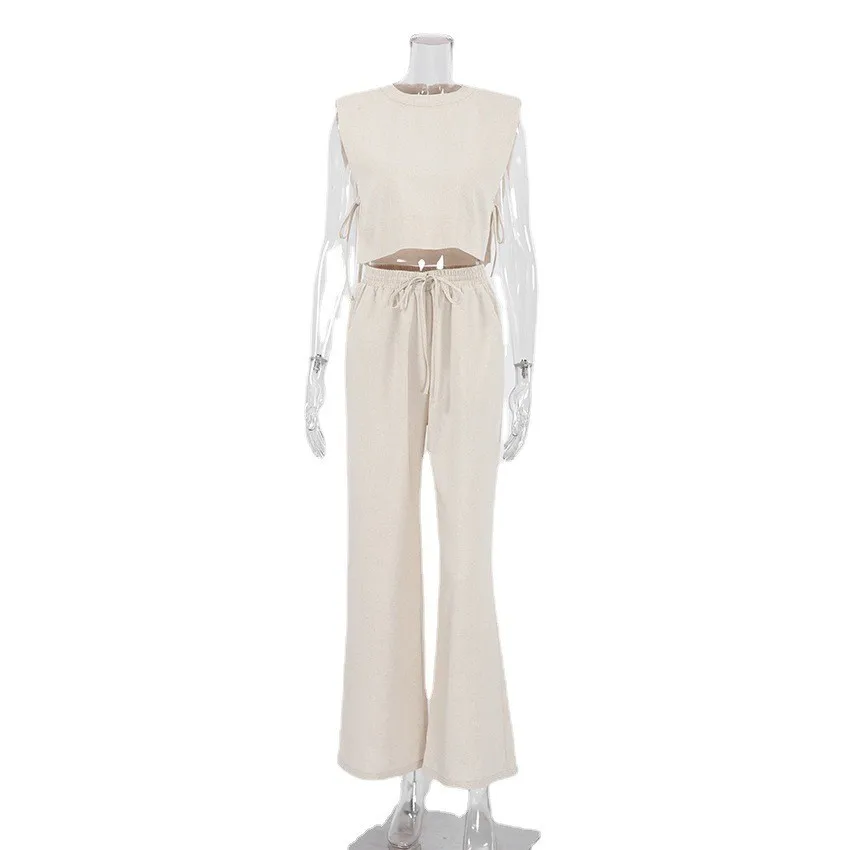 

2 Pieces Set For Woman Blouse Sleeveless Crop Cotton Linen Blouses Tie Side Detail Solid Color Top Wide Leg Pants Elastic Waist