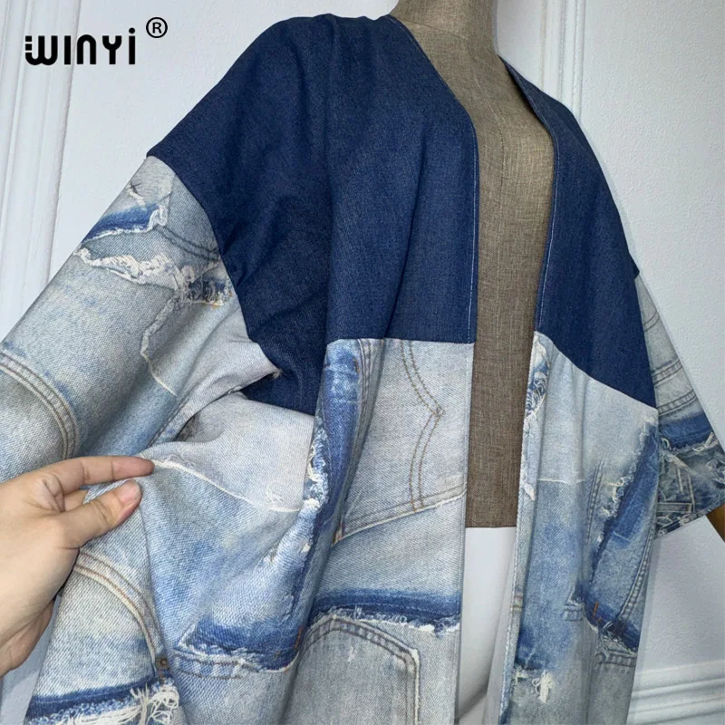 WINYI Kimono Printed denim patchwork wash denim Cardigan maxi Dress eleganckie wakacje pływanie okrycie plażowe Up modna sukienka abaya