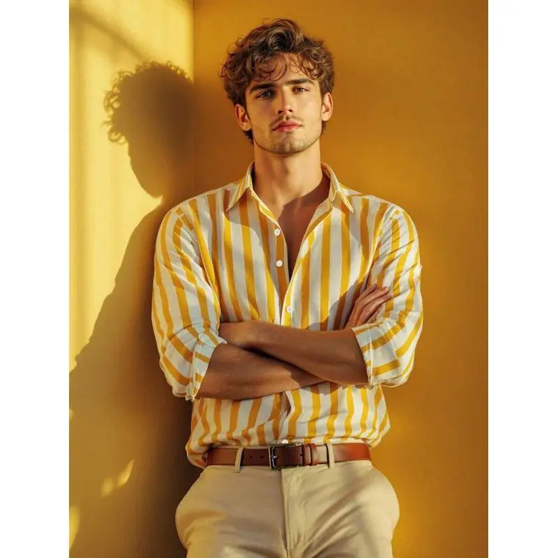 

Slim Fit Striped Lapel Shirt Men's Cleanfit Cuban Collar PU Leather Fleece Lined Three-quarter Sleeve Shirt for Summer