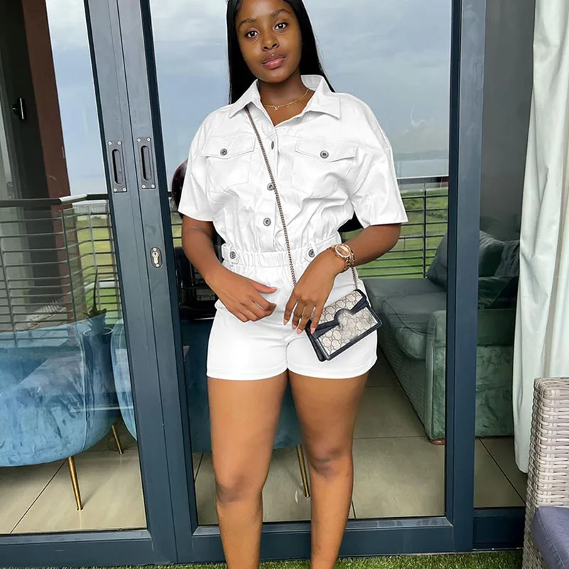 Streetwear Single Breasted Shirt Style Playsuit Women Cargo Romper Short Sleeve Turn-down Collar Casual One Piece Jumpsuit Short