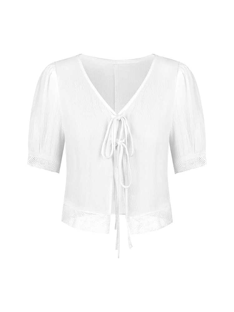 

Fashion Tie Women's Shirt Casual V Neck Loose Women's Short Shirt 2 New Spring Summer Sweetheart Ladies Solid Color Blouses
