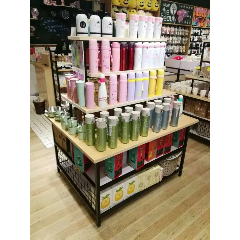 custom.Wood Light Duty Supermarket Rack Grocery Standard Display Shelving with 3 Shelves Freestanding Merchandise Disp