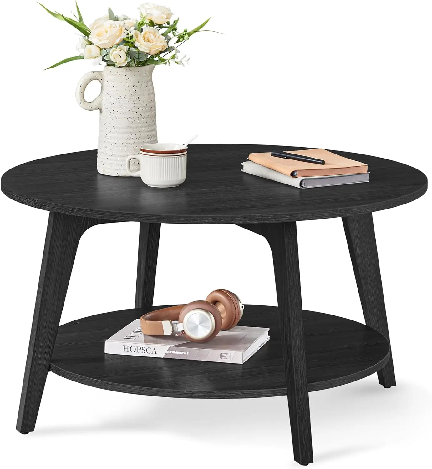 

Round Coffee Table with 2-Tier Storage, Tapered Legs, Easy Assembly for Living Room, Charcoal Gray