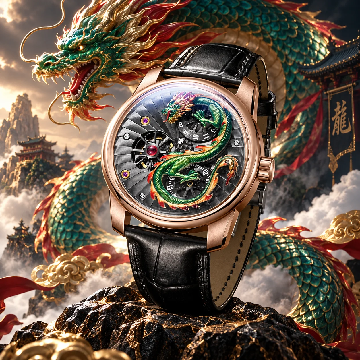 OBLVLO Men's Automatic Mechanical Skeleton Watch 3D Dragon Dial Luminous Rose Gold Case Crocodile Pattern Leather Strap