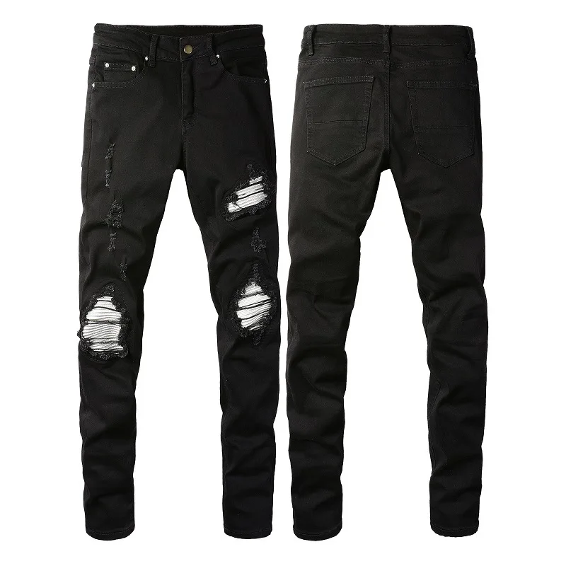 Trendy High Street Ripped Silver Patch Stretch-trim High-street Small-foot Jeans Men