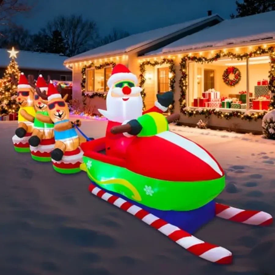 

Outdoor Christmas inflatable decoration: 12FT Santa Claus with 3 reindeers, PVC material, red and white color, built-in LEDs fo