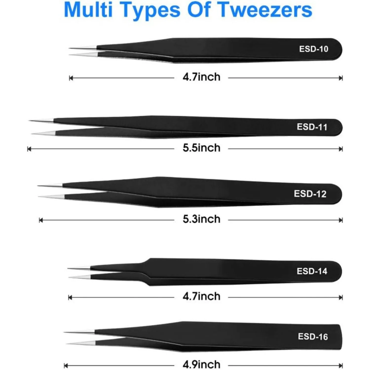 مجموعة ملاقط دقيقة مضادة للكهرباء الساكنة، مجموعة ملاقط ESD من الفولاذ المقاوم للصدأ منحنية ومستقيمة لأدوات الإصلاح الصناعية #4