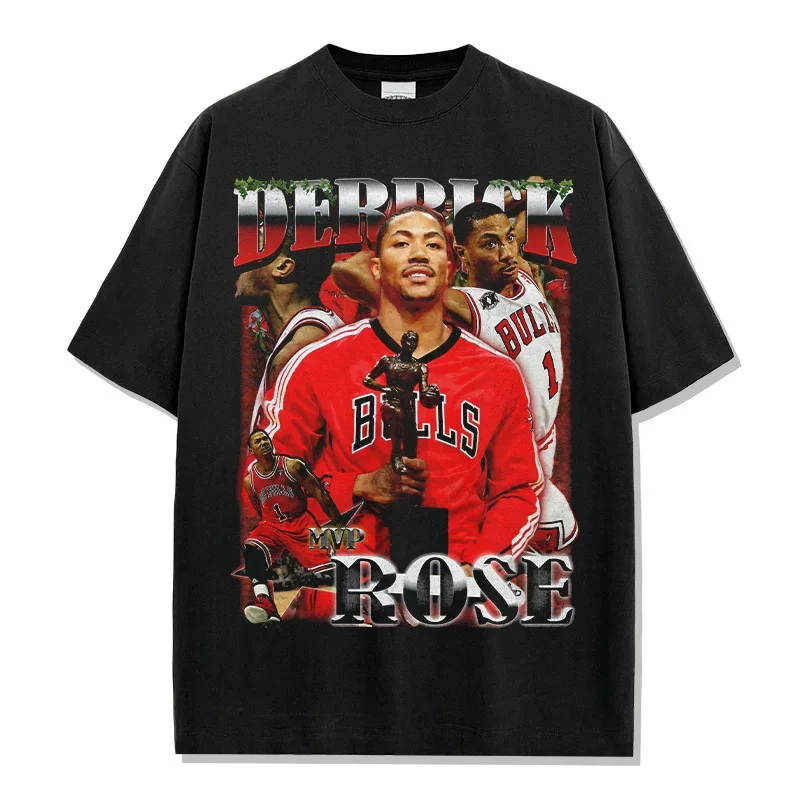 Derrick Rose MVP Tribute Graphic T-Shirt Oversized Crew Neck Distressed Cotton Basketball Casual Outdoor Sports Wear Retro Wash