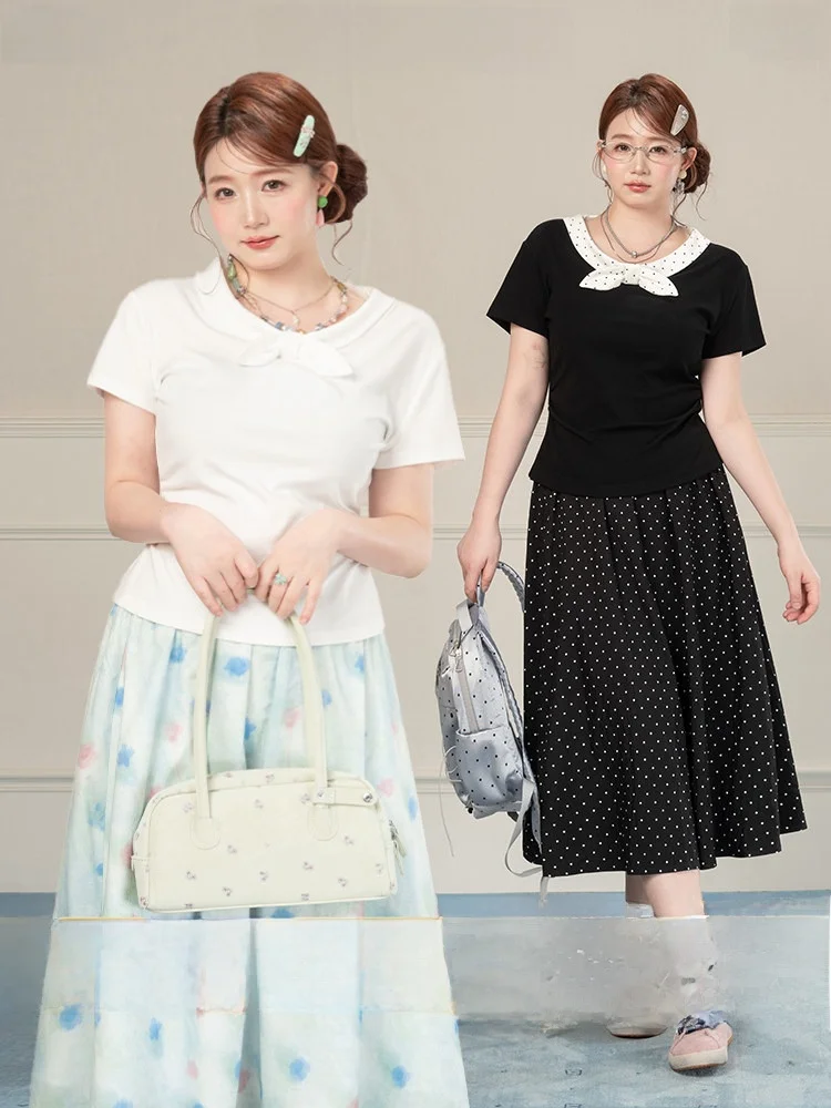 

Женская футболка Heynew больших размеров, серая, в горошек, с бантом, с коротким рукавом, летний топ для похудения, простой стиль, из смесового хлопка, удобная