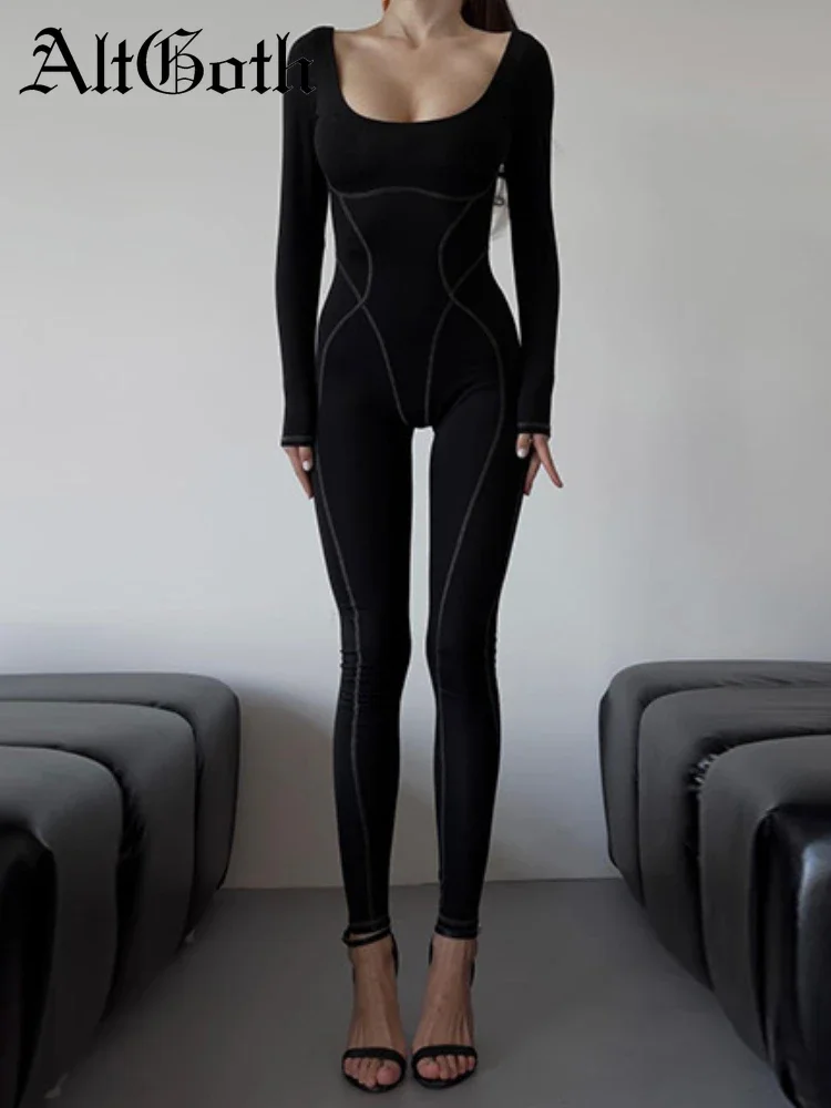 

AltGoth Autumn Fashion Goth Jumpsuit Women Streetwear Harajuku Sexy Square Collar Long Sleeve High Waist Bodycon Jumpsuit Female