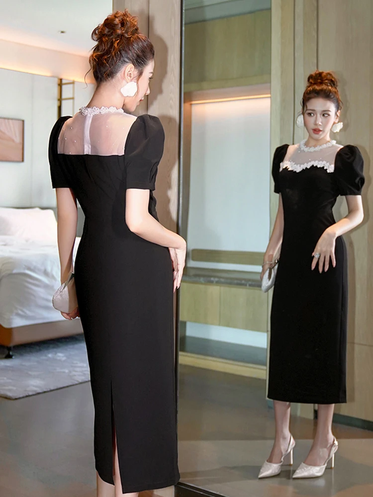 Abito longuette nero stile vintage elegante da donna Fiori di pizzo francese Trim Abito aderente trasparente Lady Abiti da festa di lusso