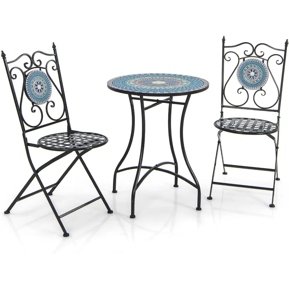 

Bistro Table and Chairs Set of 2, 3 Pieces Mosaic Patio Table with Folding Chairs, Steel Frame, Outdoor Round Patio Furniture S