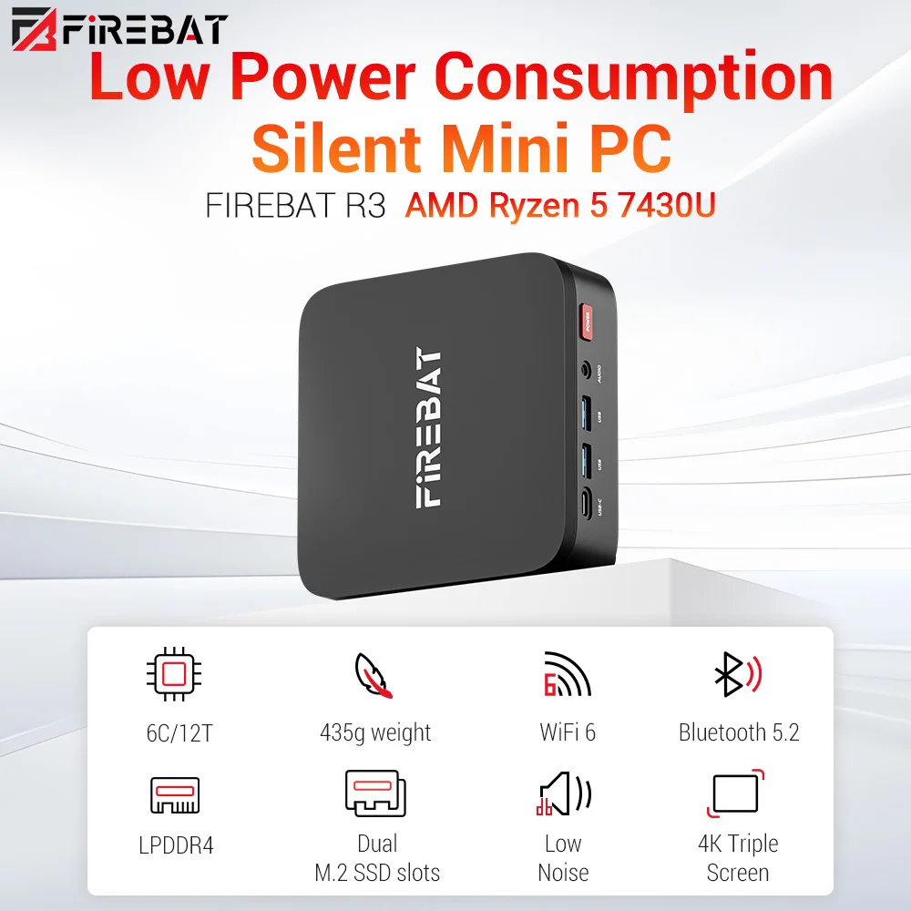 FIREBAT R3 Mini PC AMD Ryzen 5 7430U 16GB LPDDR4 RAM 512GB SSD Window 11 Wi-Fi 6 USB 3.0 BT5.2 Gaming Desktop Mini Computer
