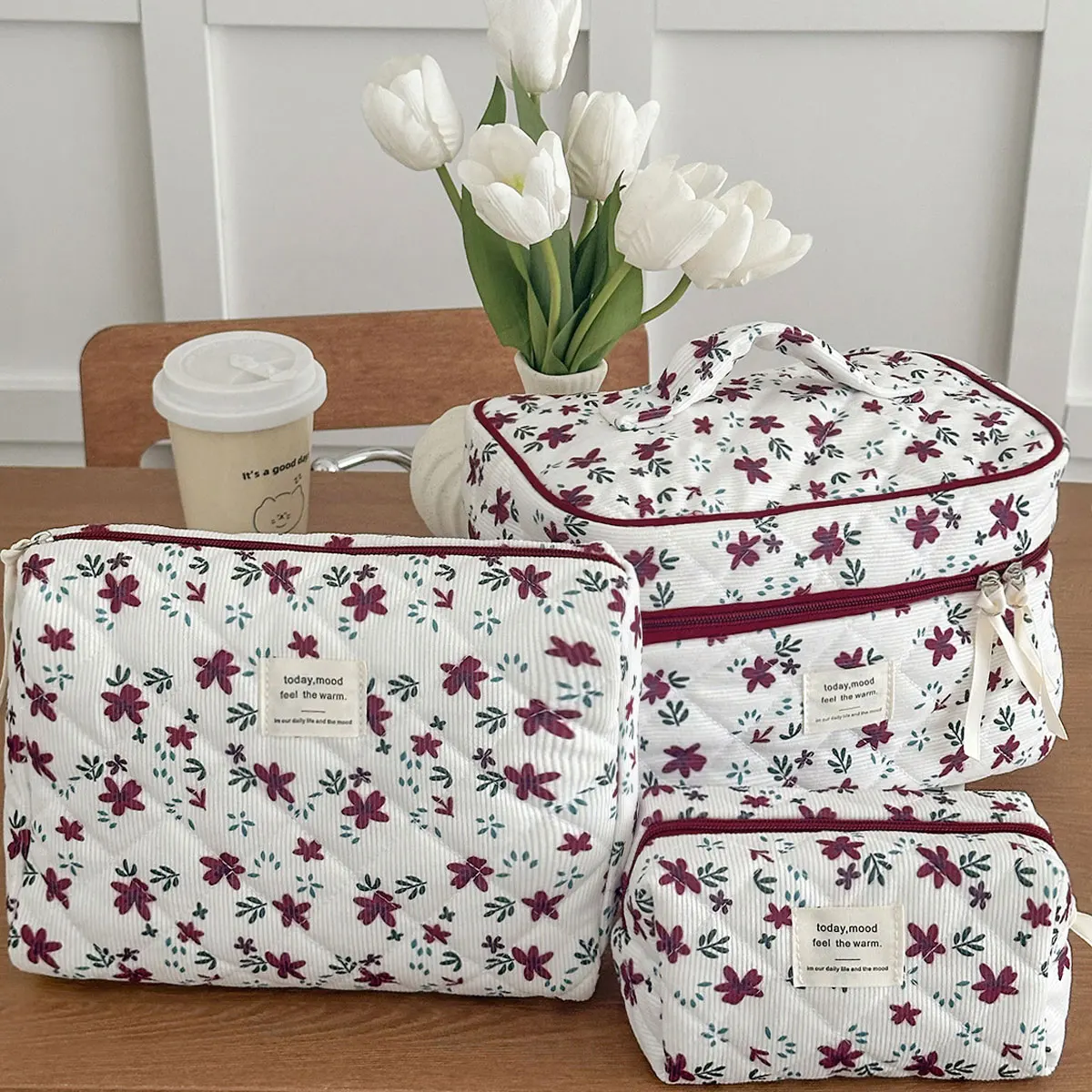 Wine Red Flower Corduroy Makeup Bag Portable Makeup Bag Large Capacity Travel Skincare Storage Bag for Travel Storage