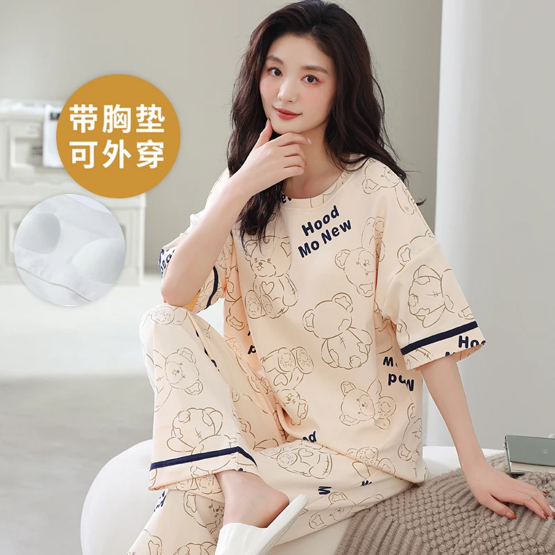 Summer Short sleeves with chest pads integrated pajama sets women's trousers home clothes cotton large size M-3XL Sleepwear