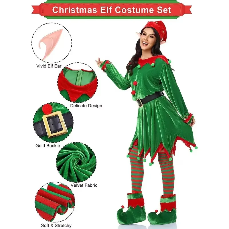 Disfraz de elfo de Navidad para adultos, vestido de terciopelo con capucha, fiesta de Festival, trajes a juego familiares, conjuntos de ropa de Cosplay de Año Nuevo