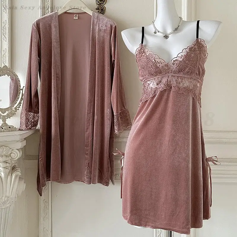 Weibliche Spitze Twinset Robe Set Schwarz Samt Hosenträger Nachthemd Dessous Herbst Bademantel Kimono Kleid Nachtwäsche Lose Hause Kleid