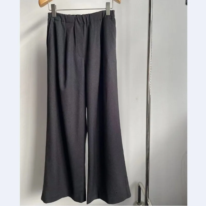 New Autumn and Winter Wool Blended Floor-length Wide-leg Mid-waist Trousers for Women Gray Straight Wide-leg Casual Pants