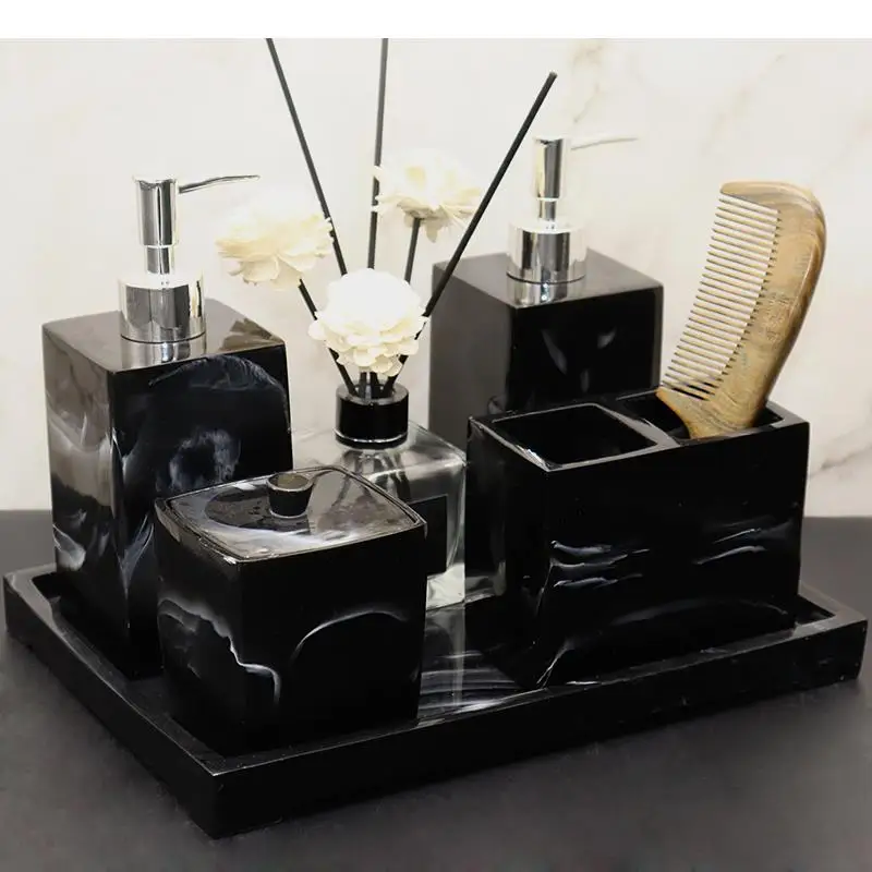 

Black Marble Texture Bathroom Accessories Set Resin Bath Supplies Portable Soap Dispenser Mouthwash Cup Storage Trays Bath Tools