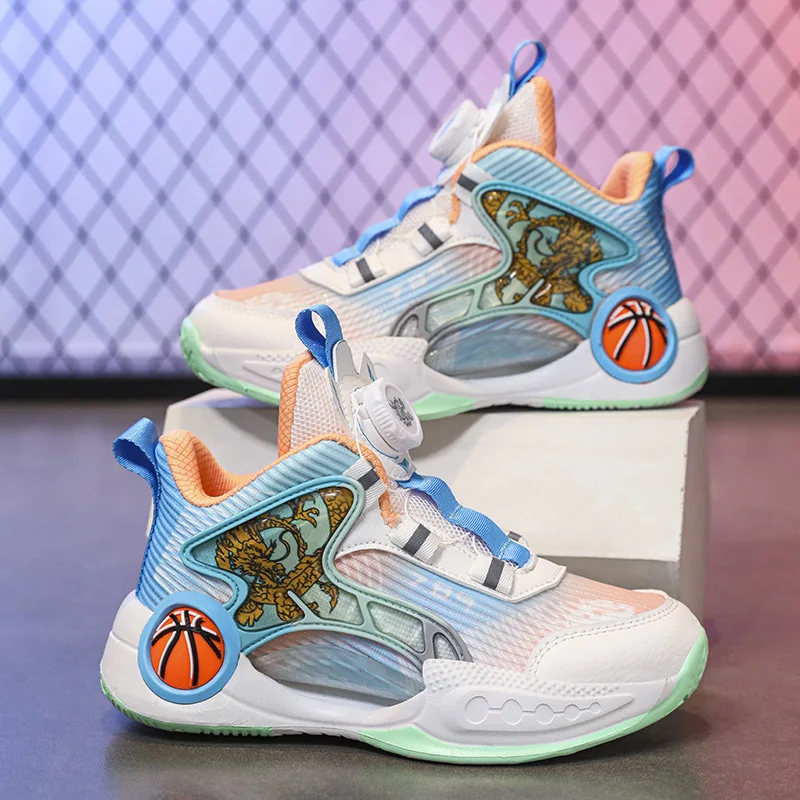 

New summer mesh breathable children's sneakers combat anti-slip and shock-absorbing basketball shoes boys rotary button