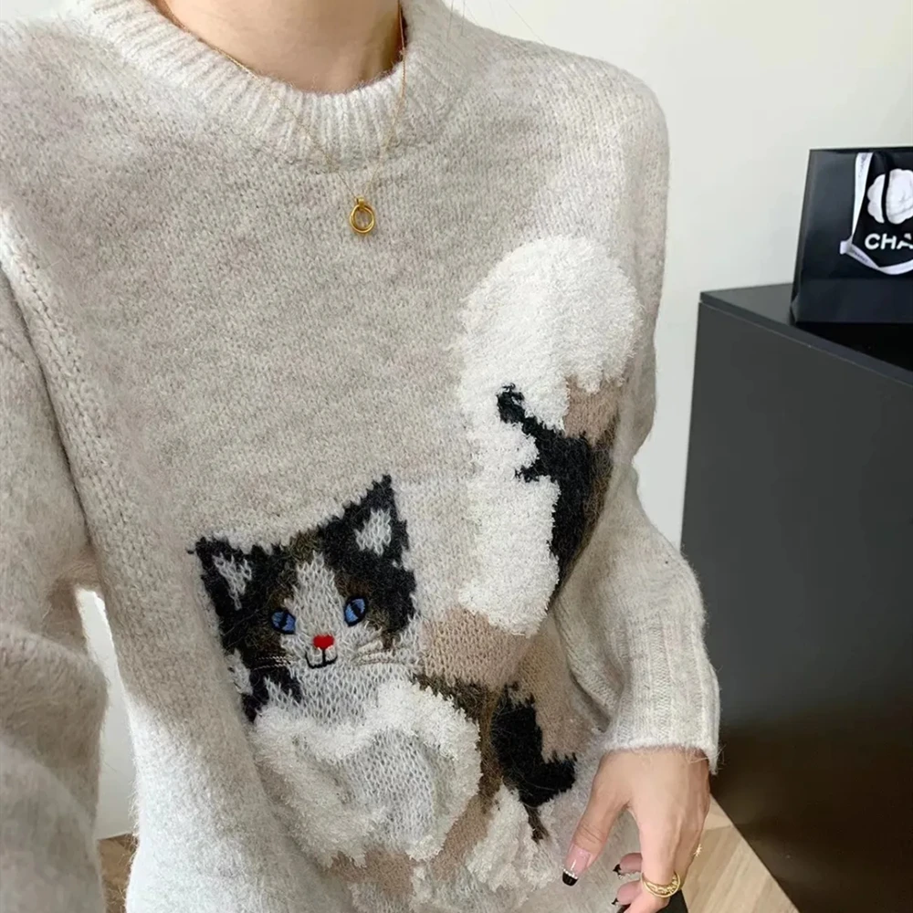 New Korean Kawaii Cat Cute Oversized Sweaters Women Vintage Autumn Winter Y2K Tops Couples Pullovers Comfortable Loose Knitwear