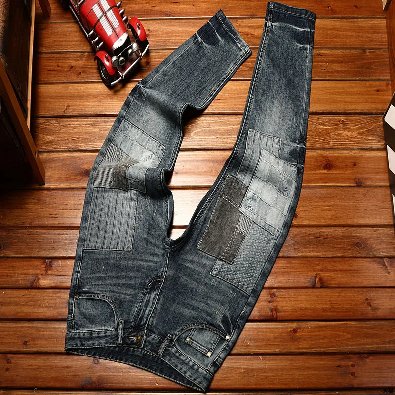 High-end trendy Korean style jeans men's stitching design slim fit skinny stretch youth street retro smart trousers