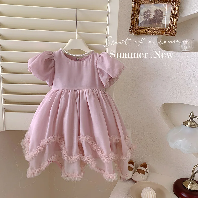 

Girls Summer Dress2024Children's Baby Girl Bubble Sleeve Lace Skirt Princess Dress Dress