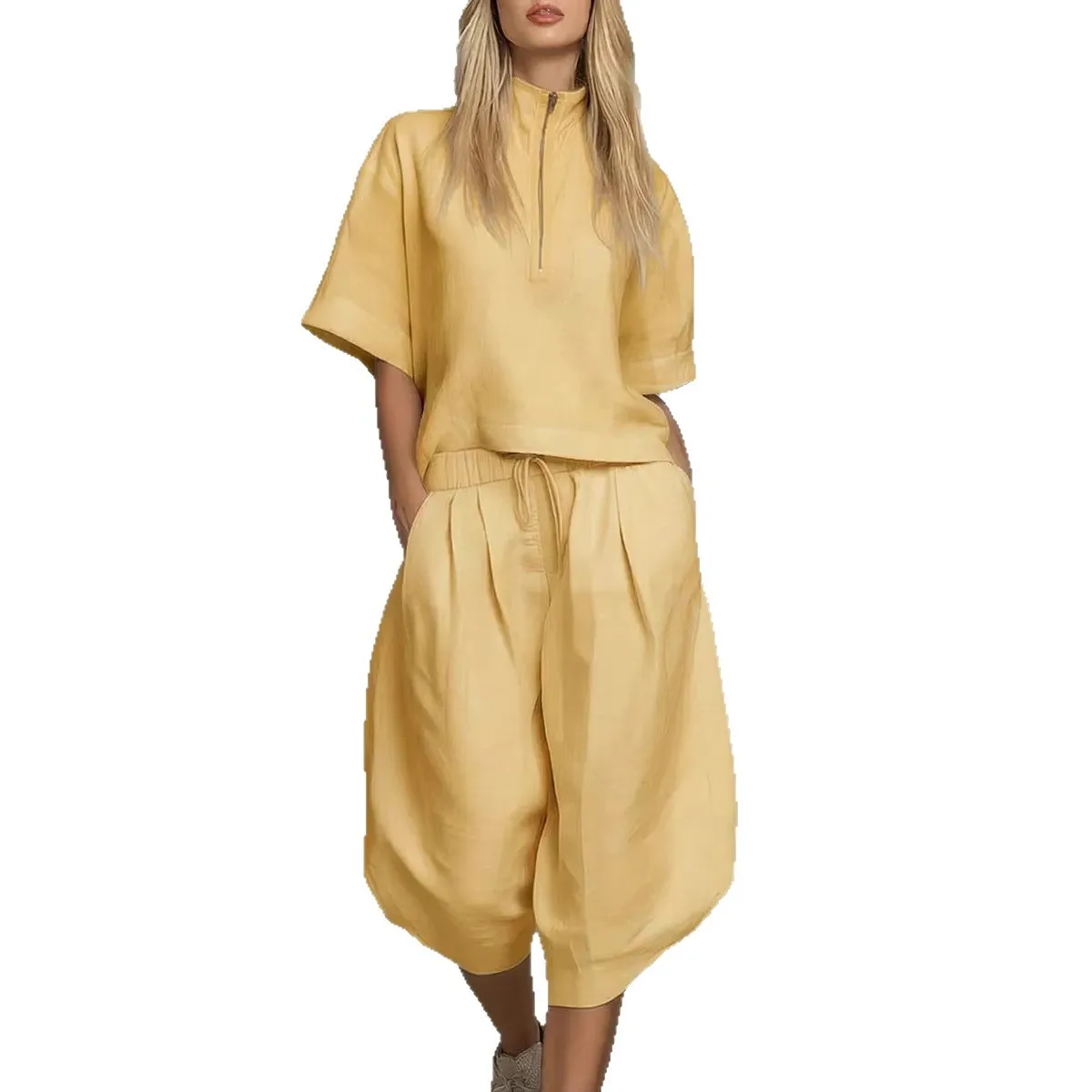 Women Fashion 2 Piece Set New Half Zip Short Sleeve Top + Casual Shorts Sprot Set Summer Loose High Street Daily Outfit Vacation view 5