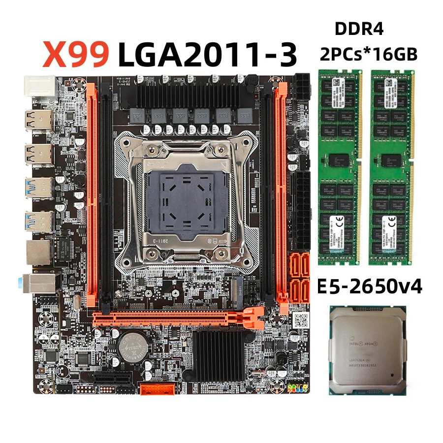 

X99 Kit Motherboard set LGA2011-3 Set with E5 2650V4 processor 2PCS 16GB DDR4 ECC memory PCI-16 USB3.0 server M-ATX NVME M.2