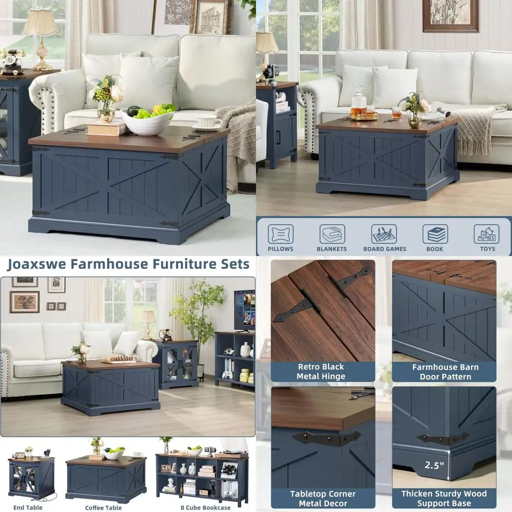 Rustic Modern Farmhouse Coffee Table Navy Blue Square Storage Compartment Living Room Furniture
