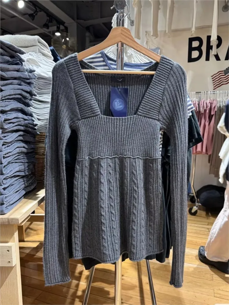 

Square Neck Sweaters Women Cotton Streetwear Raw Hem Twisted Flower Long Sleeve Pullover Top Vintage Preppy Style Sweet Knitwear