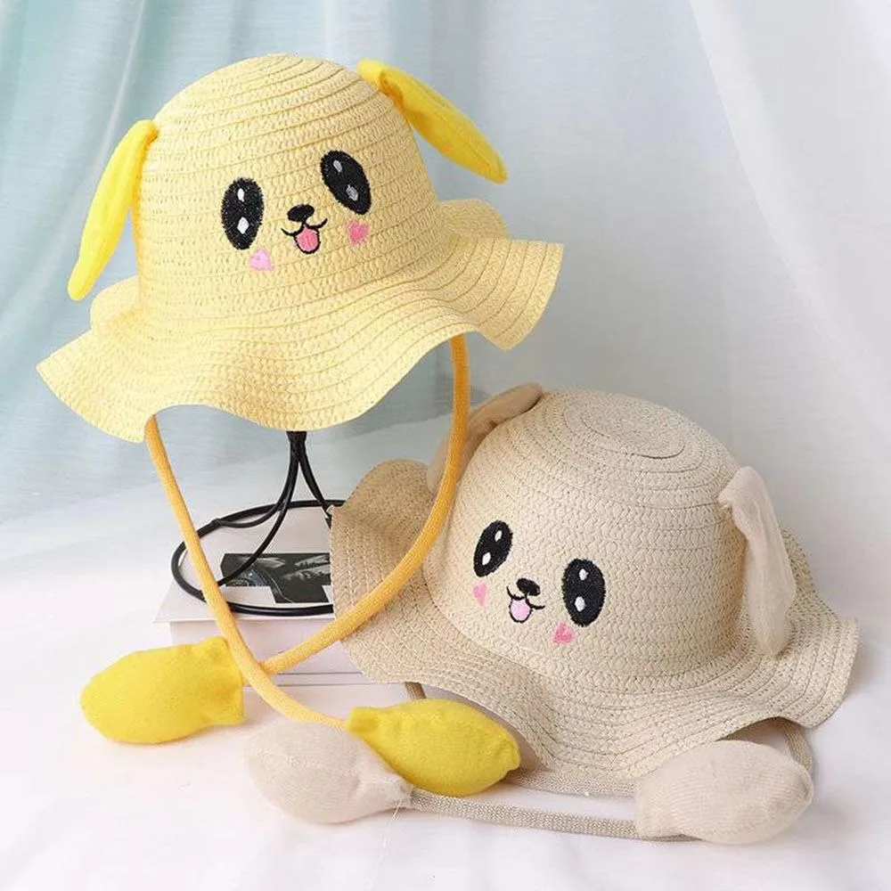 

Summer Men and Women Straw Hat Rabbit Straw Hat Airbag Ears Can Move Sunscreen Children's Sun Hat