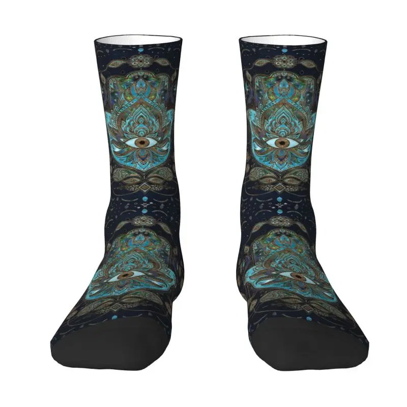 Funny Hand Of Fatima Blue Gemstones Socks Men Women Warm 3D Print Hamsa Hand Evil Eye Sports Basketball Socks